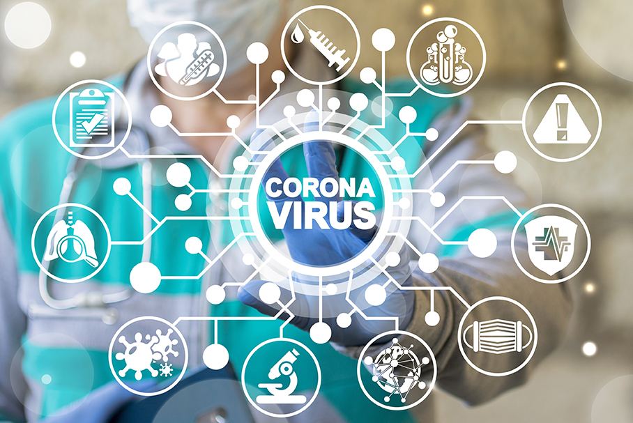 Corona Virus Healthcare Concept. Series of icons in a circle representing different areas affected by the Coronavirus outbreak.