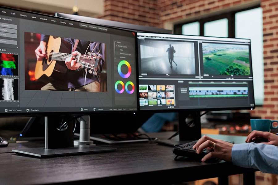 Post production house team leader editing film frames sitting at multi monitor workspace while enhancing movie footage quality using advanced software.