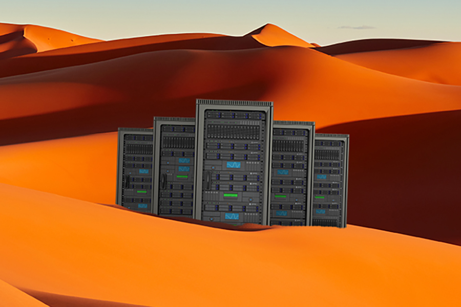 Mainframes buried partially in sand dunes symbolizing legacy technology. Expensive legacy technology that can be repurposed.
